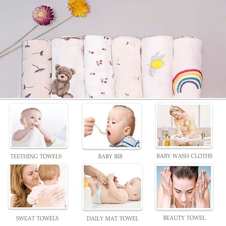 Norinori Baby Muslin Washcloths - Newborn Face Towel & Burp Cloths, 6 Pack Soft Absorbent Natural Cotton Wash Towel, 10"X10" Baby Bath Towels & Wipes