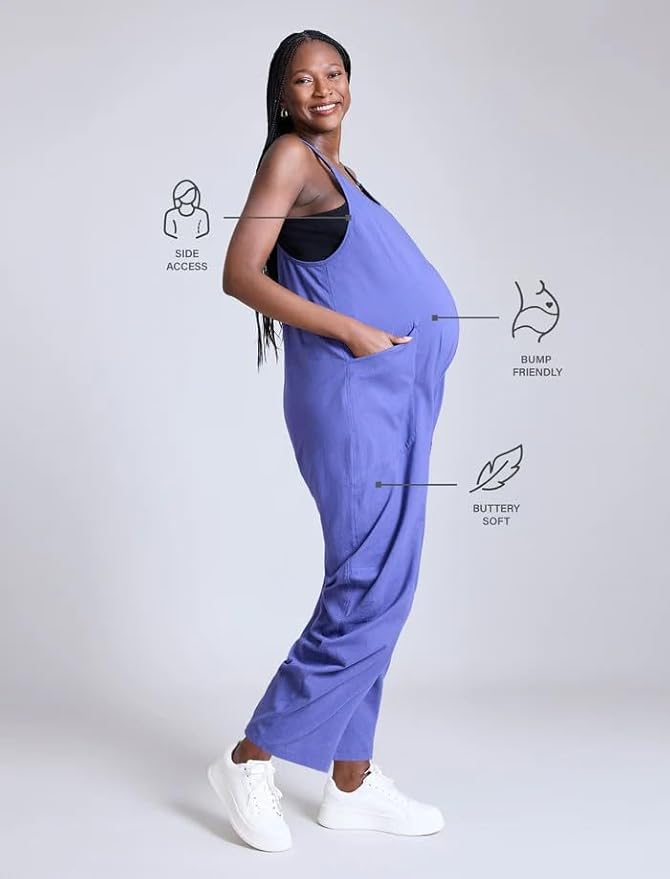 Motherhood Maternity womens Casual Baggy Sleeveless V-neck Pregnancy Romper Jumpsuit With Loose Spaghetti Straps and Pockets