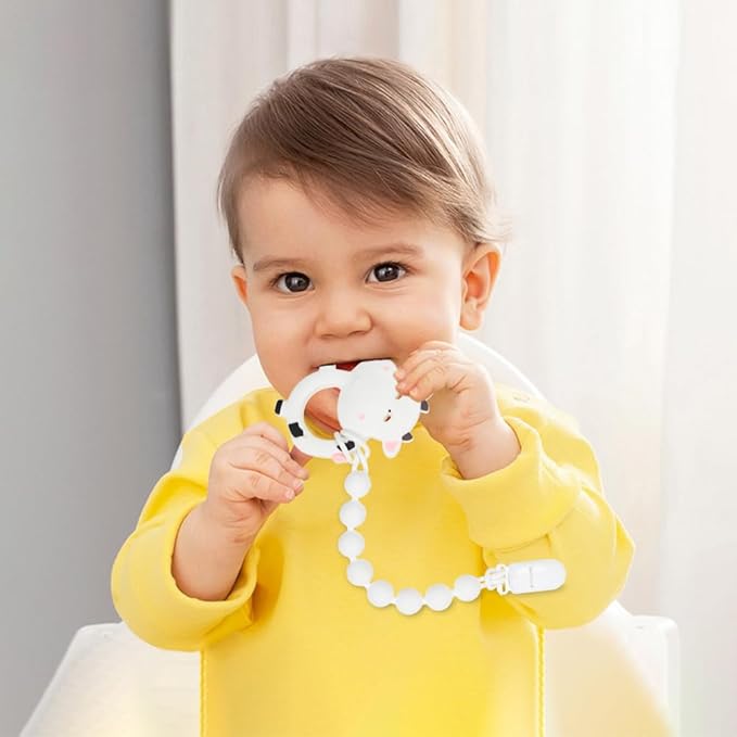 Baby Food Grade Silicone Teether Toy with Pacifier Clip Holder,Teething Toys Gift Set for 3 Months+ Boys and Girls,Freezer Safe,BPA Free. (Cow)