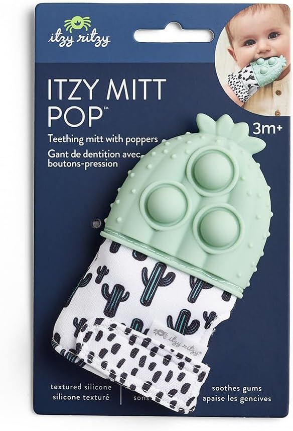Itzy Ritzy Silicone Teething Mitt - Soothing Infant Teething Mitten with Adjustable Strap, Crinkle Sound & Textured Silicone to Soothe Sore & Swollen Gums - for Ages 3 Months & Up (Cactus)