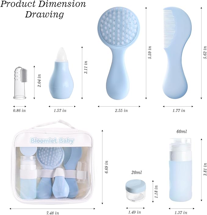 Baby Care Kit, Baby Grooming Kit,6-Piece Newborn Grooming Set with PP Baby Comb & Brush, Silicone Nasal Aspirator, Travel Bottles (60ml/20ml), Toothbrush, Newborn Care Set (Blue)