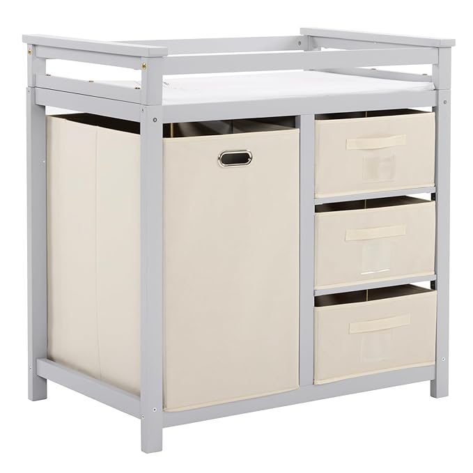 Karl home Modern Baby Changing Table,Dresser Baby Diaper Changing Station with Laundry Hamper,Infant Nursing Table with 3 Storage Drawers,Removable Safety Rail & Strap for Bedroom,Nursery,LightGrey