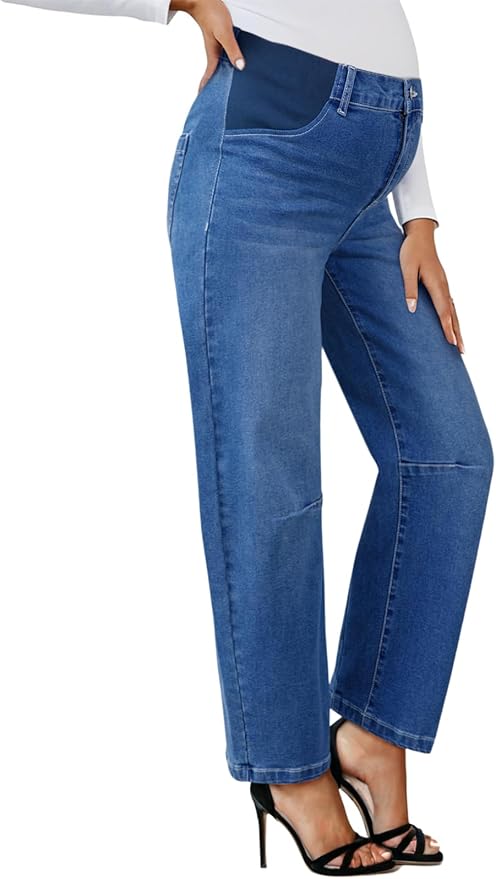 BLENCOT Women's Maternity Jeans Elastic Hight Waist Stretch Barrel Jeans Wide Leg Side Panel Pregnancy Denim Pants