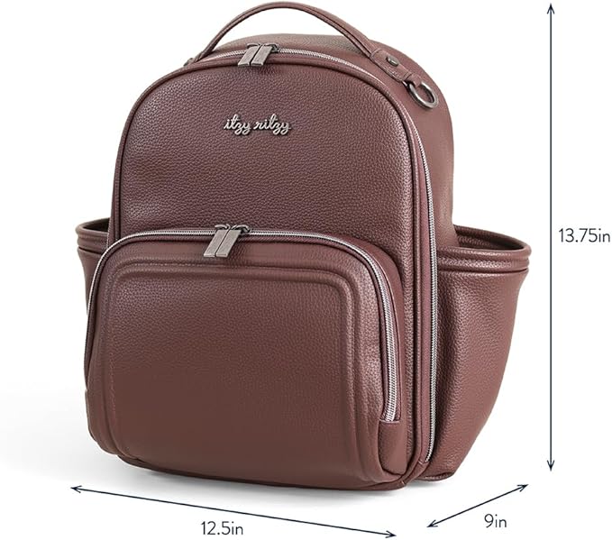 Itzy Ritzy Mini Diaper Bag Backpack – Chic, Compact Mini Plus Backpack with Changing Pad, 10 Pockets (6 Internal, 4 External), Grab-Top Handle & Rubber Feet (Espresso)