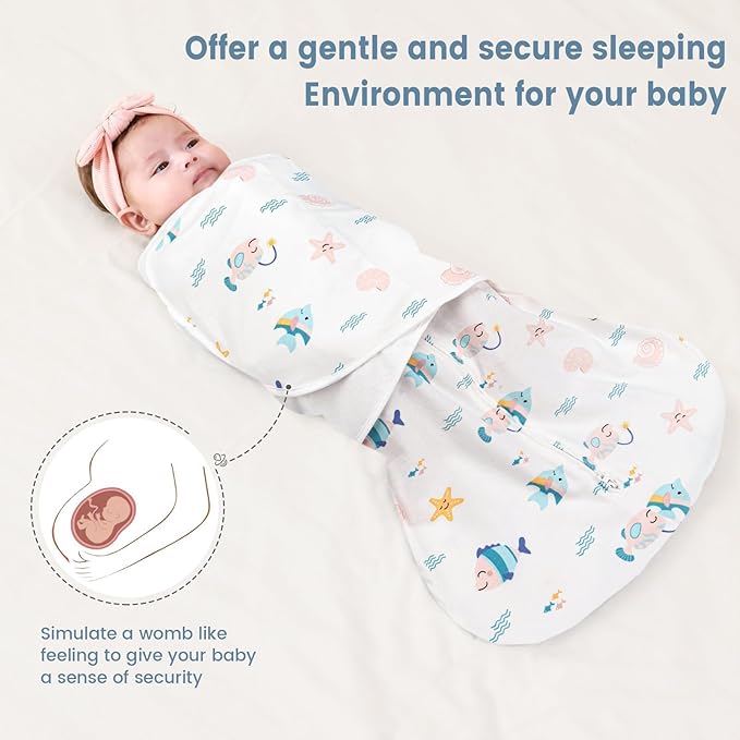 ZIGJOY Sleep Sack Swaddle 1.0 Tog Baby Wearable Blanket 100% Cotton Adjustable Silent Transition Swaddle Blanket, 6-12 Months, Ocean