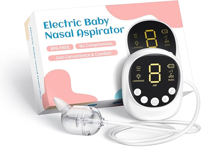 Nasal Aspirator for Baby, Nose Sucker for Baby, Hospital Grade, Electric Nose Sucker with Adjustable 9 Levels Suction, Rechargeable with Night Light and Nursery Rhyme, White