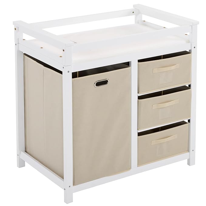 Karl home Modern Baby Changing Table,Dresser Baby Diaper Changing Station with Laundry Hamper,Infant Nursing Table with 3 Storage Drawers,Removable Safety Rail & Strap for Bedroom,Nursery,White