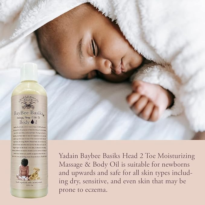 Yadain Baybee Basiks Head 2 Toe Moisturizing Massage & Body Oil | Baby Bath Oil Moisturizer For Sensitive Skin & Hair, 12oz