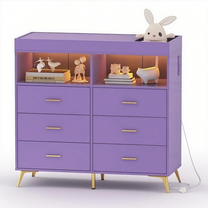 Baby Changing Table Dresser with 6 Drawers, Baby Nursery Dresser, LED Lights & Charging Station – Multifunctional Nursery Dresser with Removable Changing Top, Anti-Tip Design, Purple