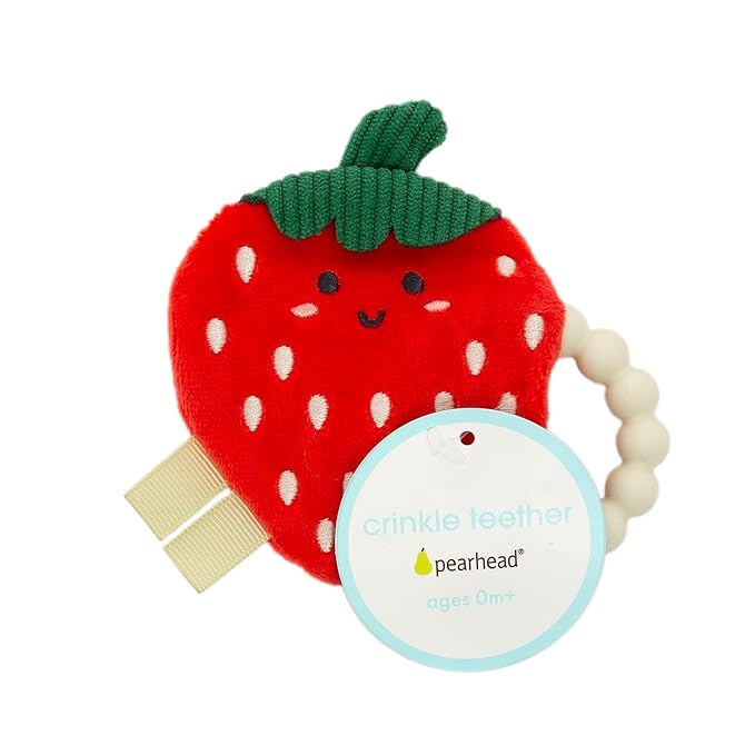Pearhead Crinkle Plush Baby Teether, Adorable Strawberry Sensory Toy with BPA-Free Silicone Beaded Ring, Gentle Sound and Soft Fabric for Teething Pain Relief, Infant Rattle for Newborns 0+ Months