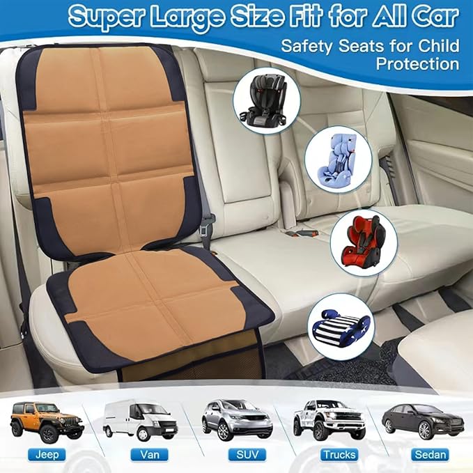 Car Seat Protector for Child Car Seat, 2 Pack Baby Car Seat Covers with Mesh Pockets & Non-Slip Backing 600D Durable Seat Protector (Brown, Standard)