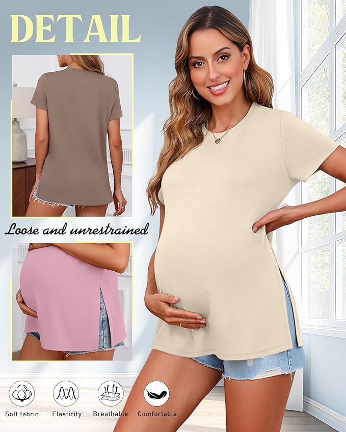 Ficerd 3 Pack Women's Maternity T Shirts, Short Sleeve Side Split Pregnancy Tops Casual Crew Neck Pregnant Tees Mama Clothes
