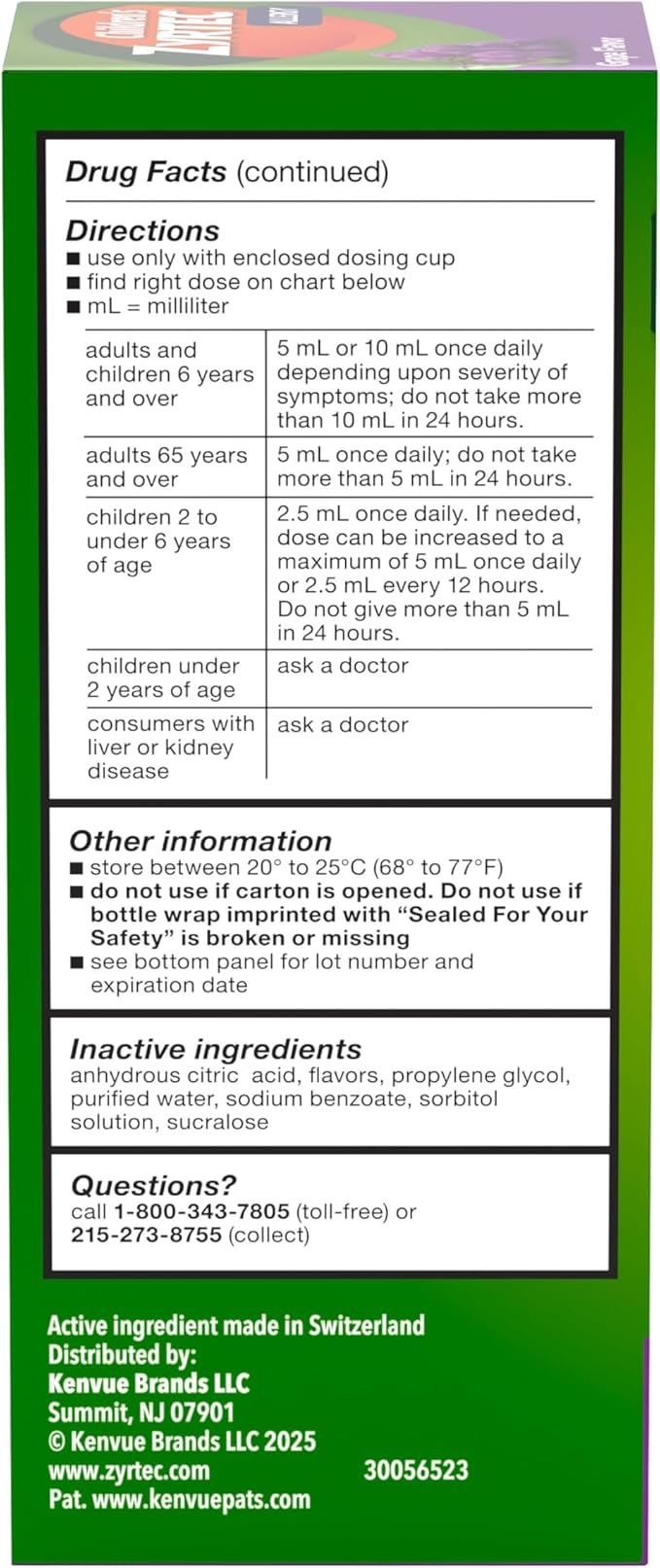 Zyrtec Children’s 24-Hour Allergy Relief Syrup, 5 mg Cetirizine Hydrochloride Antihistamine, Kids Allergy Medicine for Indoor/Outdoor Allergies & Hay Fever, Dye-, Alcohol- & Sugar-Free, Grape, 8 fl oz