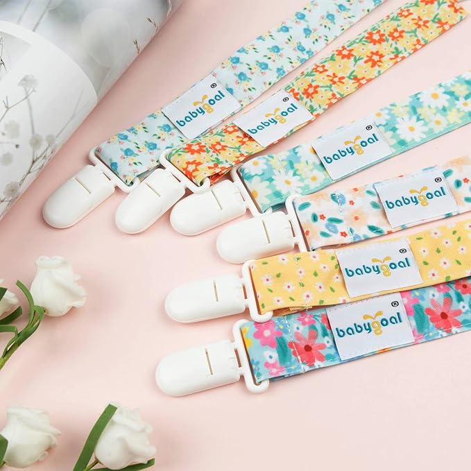 babygoal Floral Pacifier Clips, 6 Pack Binky Paci Holder Clips Leashes Fits for Most Pacifiers and Binkies 6PS31
