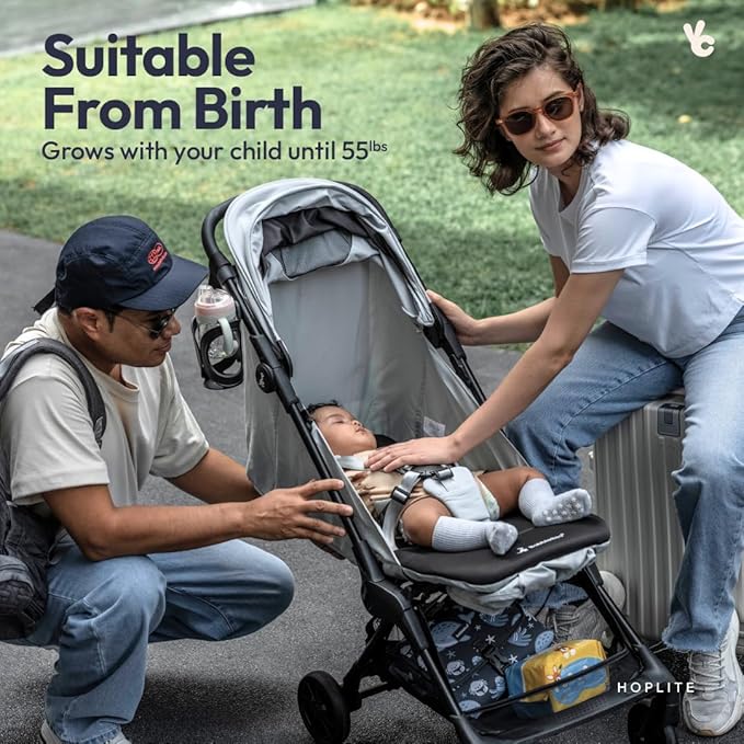 BabbleRoo Hoplite Compact Stroller – Lightweight Travel Stroller for Airplane (12.3 lbs), from Birth to 55 lbs, Easy Fold, PU Wheels, Alloy Frame, Near-Flat Recline, Cup Holder, Baby Stroller
