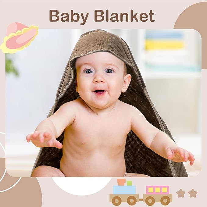 Peryiter 4 Pcs Muslin Hooded Baby Towels 32x32inch Cotton Newborn Bath Essentials Muslin Infant Blankets Absorbent Registry Baby Shower Present for Babies Girl Boy Kids (Coffee)