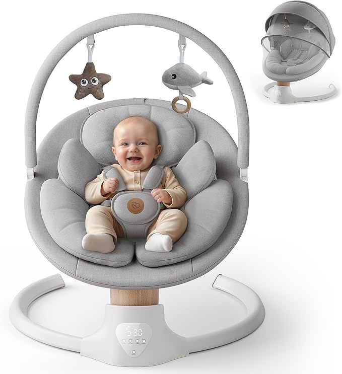 Baby Swings for Infants, FasonBaby Electric Baby Swing with 10 Preset Melodies, 5 Speeds, Remote Control and Bluetooth - Portable Infant Swing for Indoor and Outdoor(Grey)