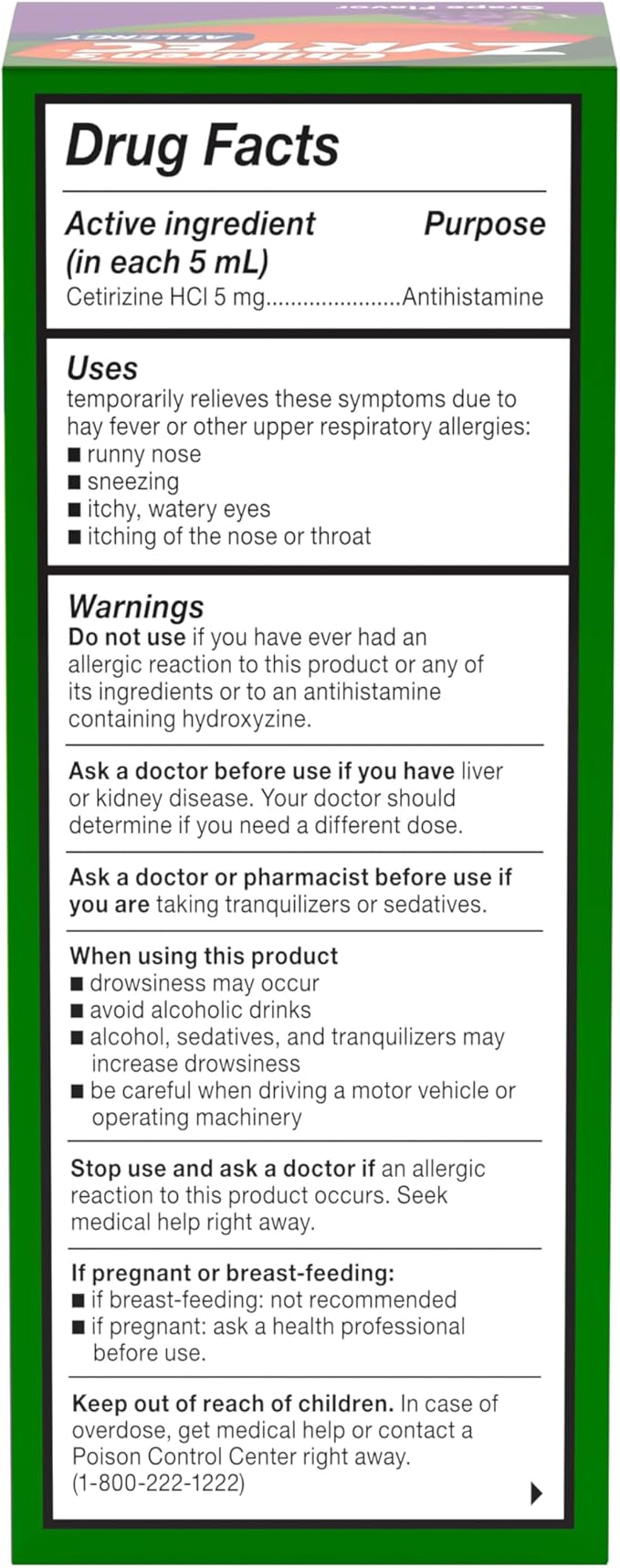 Children's Zyrtec 24 Hour Allergy Relief Syrup, 5 mg Cetirizine Hydrochloride Antihistamine, Kids Allergy Medicine for Indoor & Outdoor Allergy Relief, Dye- & Sugar-Free, Grape, 4 fl. oz