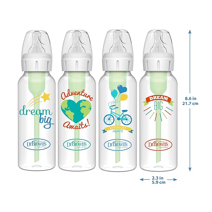 Dr. Brown's Natural Flow Anti-Colic Options+ Narrow Baby Bottle, Dream Adventure, 8 oz/250 mL, with Level 1 Slow Flow Nipples, 0m+, 4 Pack