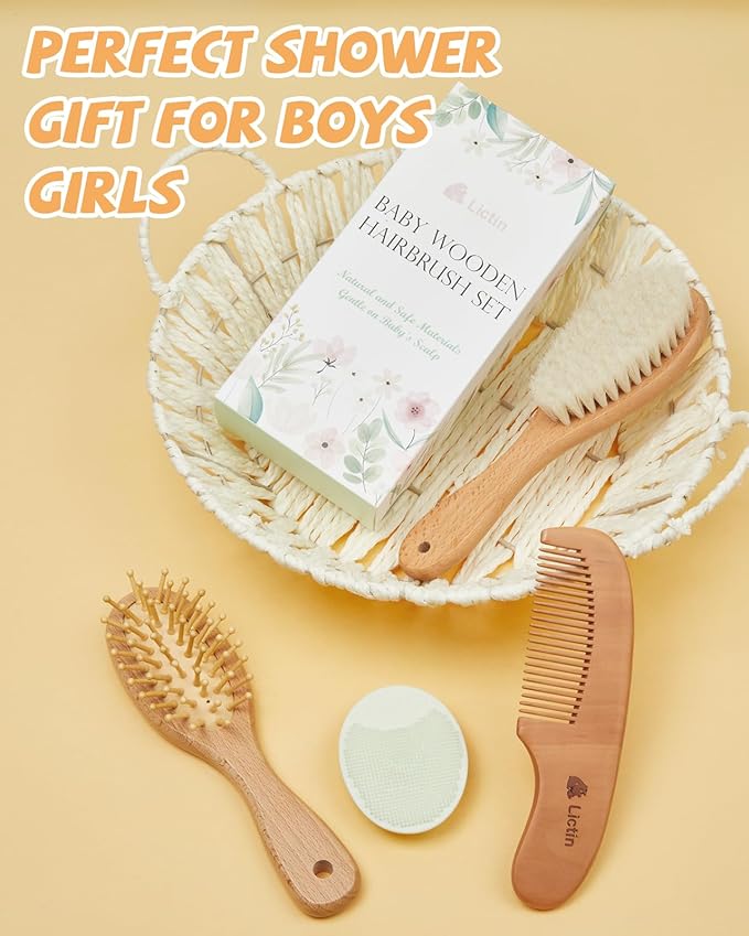 Lictin Baby Hair Brush and Comb Set, 4 Pcs Newborn Hair Brush with Soft Bristle, Natural Goat Hair and Wood Baby Cradle Cap Comb for Newborns & Toddlers, Newborn Baby Essentials, Perfect Registry Gift