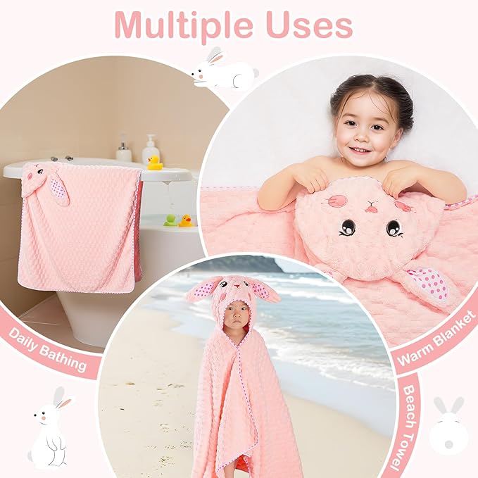 FIOBEE Toddler Bath Towel with Hood Baby Towels, 55x28 inch Large Soft Absorbent Kids Hooded Towels for 1-5 Years Old Baby Girls Boys Bath Beach Essentials Blanket, Pink Bunny