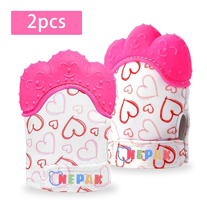 NEPAK Teething Mitten 2 Pcs-Baby Glove Stimulating Teether Toys for Boys & Girls-Teething Glove for 3-6 Months Baby (Pretty Sweet Heart,Pink)