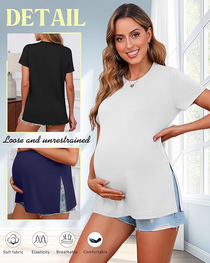 Ficerd 3 Pack Women's Maternity T Shirts, Short Sleeve Side Split Pregnancy Tops Casual Crew Neck Pregnant Tees Mama Clothes