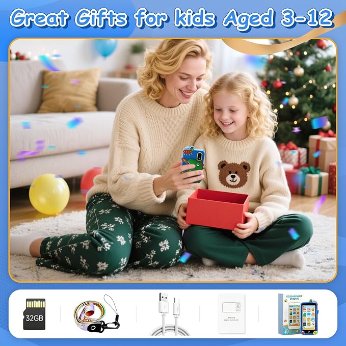 Minibear Kids Toy Smartphone, 3.97" Dual Camera Phone for Toddler, Learning Toys Play Phone with Games Music Player No WiFi for Girls Boys Age 3-12 Christmas Birthday Gifts with 32g SD Card