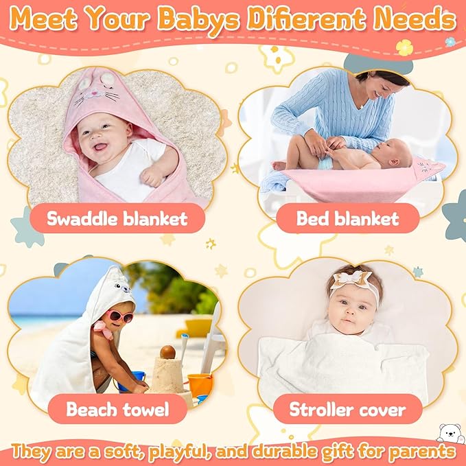 12 Pcs Baby Bath Towels Set for Infants Toddlers, 2 Pcs Animal Hooded Bath Towel, 2 Pcs Baby Burp Cloths & 8 Pcs Washcloths Set, Absorbent Soft Newborn Gift for Boys & Girls (Kitten & Bear)