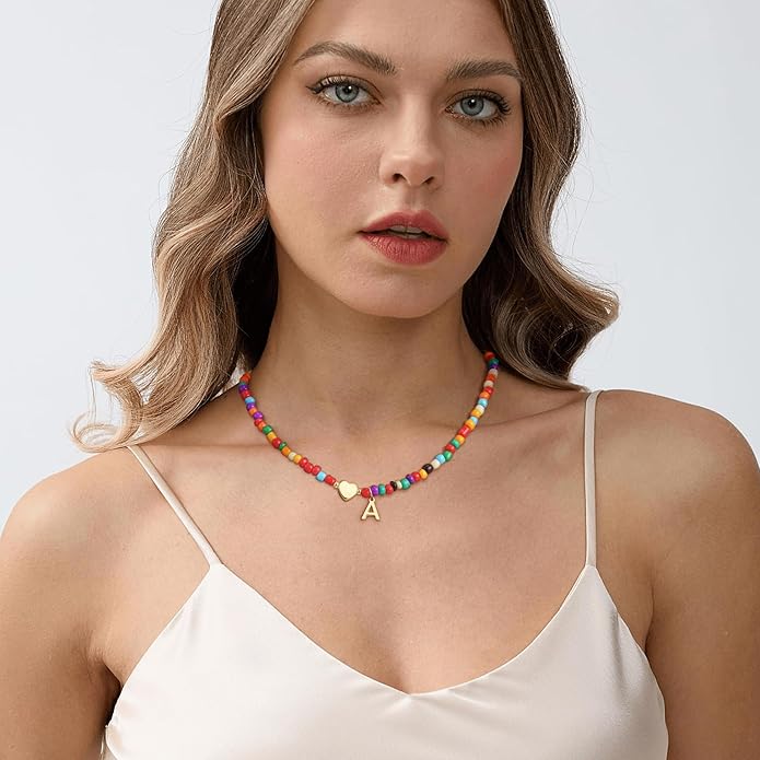 Valentines Day Gifts for Kids Women Girls - Colorful Beaded Initial Necklace Teen Girls Trendy Stuff Dainty Letter Choker Necklace Valentines Day Gifts for Her Mom Wife Jewelry