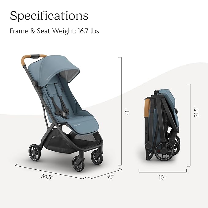 UPPAbaby Minu V3 Travel Stroller | Lightweight + Compact Design | One-Hand Fold + Unfold | from Birth + Overhead Compatible | Dillan (Stone Blue/Carbon Frame/Sand Leather)