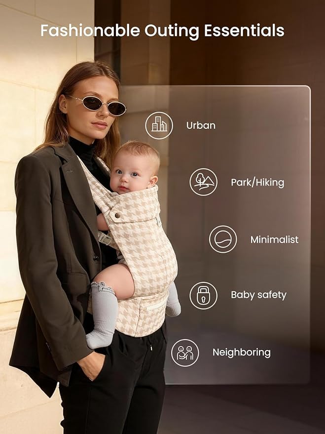 GROWNSY Baby Carrier Newborn to Toddler, Lightweight Ergonomic 7-44 lbs Newborn Carrier with Head Support, Easy to Wear Hands Free Infant Carrier for 0-36 Months, Beige Houndstooth