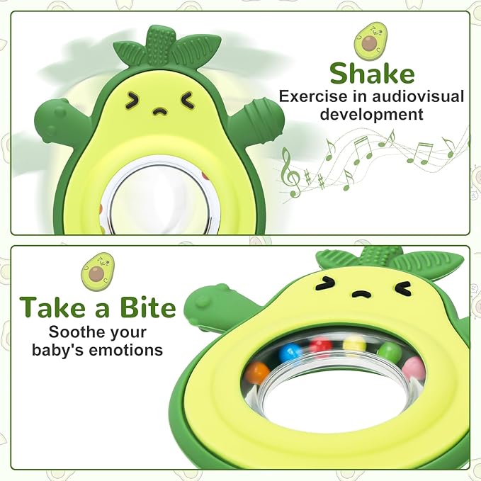 Teething Toy for Babies, Silicone Avocado Shape with Rattle Teether for Infants, Sensory Chew Toys Teething Relief for Boys and Girls, BPA Free