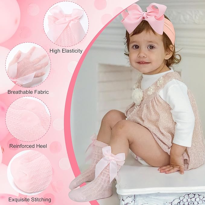 JATEBI Baby Girls Big Bow Headband and Knee High Socks Cute Bows Lace Soft Super Elastic Headband for Baby Girls Newborn Infant Toddlers