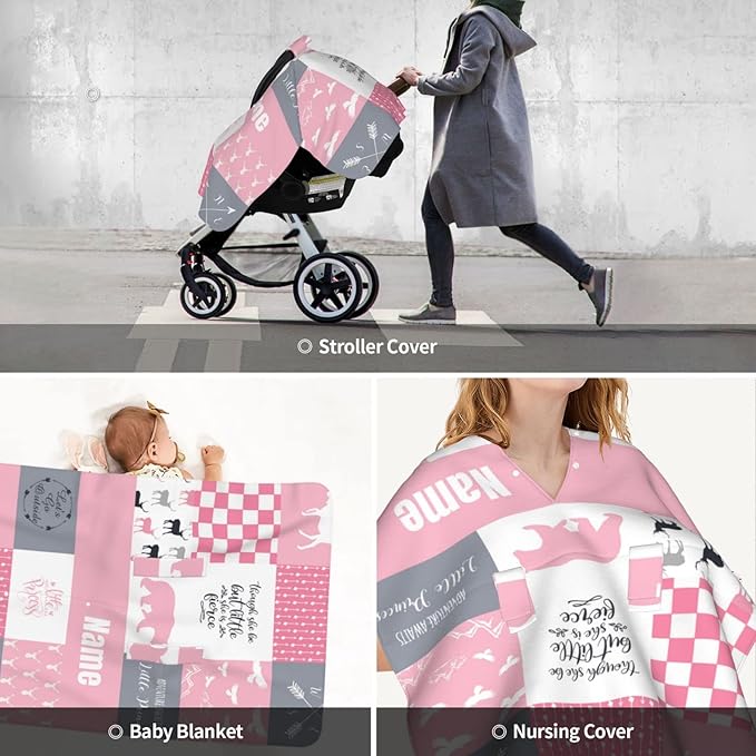 Personalized Woodland Deer Pink Baby Car Seat Canopy for Babies with Name, Custom Adventure Car Seat Covers for Girls, Opening Minky Nursing Breastfeeding Cover Infant Carseat Canopies for Newborn