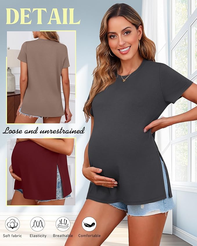 Ficerd 3 Pack Women's Maternity T Shirts, Short Sleeve Side Split Pregnancy Tops Casual Crew Neck Pregnant Tees Mama Clothes