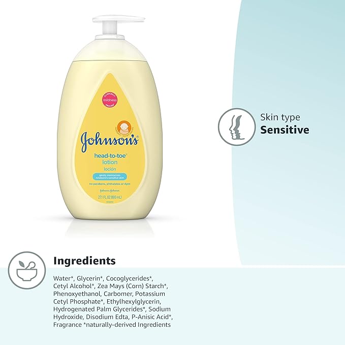 Johnson's Head-to-Toe Moisturizing Baby Body Lotion for Sensitive Skin, Hypoallergenic and Paraben-, Phthalate- and Dye-Free Baby Skin Care, 27.1 Fl Oz (Pack of 1)