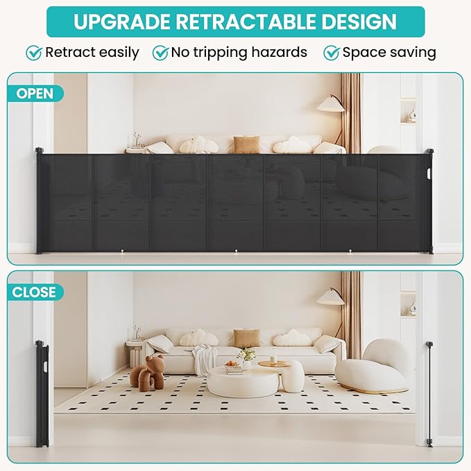 Upgrade Retractable Baby Gates Extra Wide (150" W x 42" H), 150 inch Reinforced Retractable Dog Gate to Prevent Crawling Through, Retractable Gate Outdoor/Indoor, Real One-Handed Operation, Black