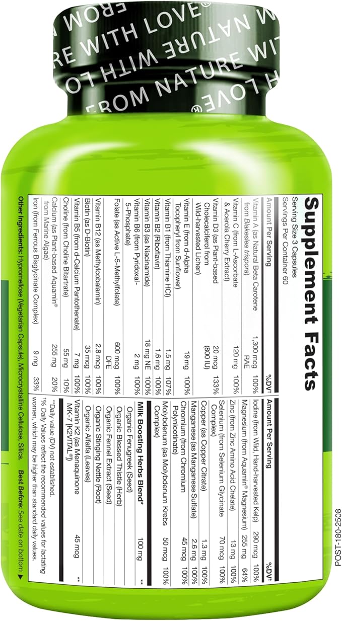 NATURELO Postnatal Multivitamin - Supplement for Breastfeeding Women - Plant-Based Vitamin D, Folate, Gentle Iron - for Nursing Mother, Baby - Post Natal Lactation Support - 180 Count (Pack of 2)
