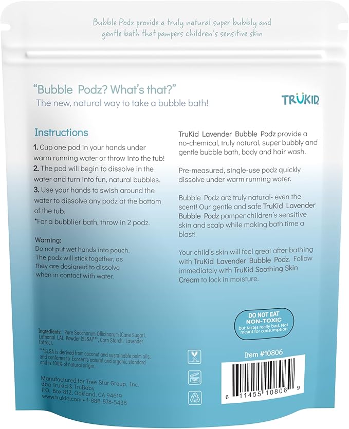 TruKid Bubble Podz Bubble Bath for Kids, Toddlers, & Babies, Tear Free Gentle & Refreshing Bath Bomb for Sensitive Skin with Natural Moisturizers, Non-Toxic, pH Balanced, Lavender Scent (60 Podz)