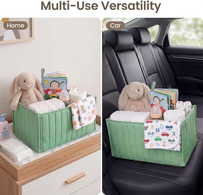 Green Diaper Caddy Organizer for Changing Table, Nursery Storage Basket for Diaper Stations with Removable Dividers, Newborn Baby Essentials & Registry Must Haves, Gift for Baby Shower