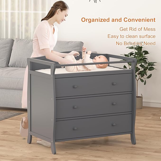 Wooden Diaper Changing Table, Baby Diaper Changing Station Infant Nursing Table with 3 Drawers, Safety Rail & Strap, Modern Baby Changing Table for Bedroom, Nursery