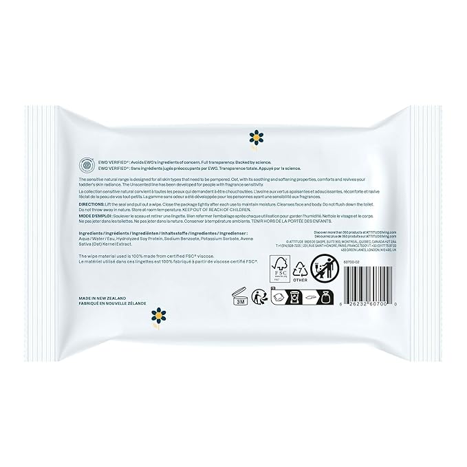 ATTITUDE Baby Wipes Unscented, For Sensitive Skin with Oat, Natural Origin, Dermatollogically Tested, For Babies, Toddlers & Kids, Chamomile Extract, EWG Verified, 72 Count