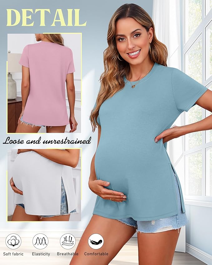 Ficerd 3 Pack Women's Maternity T Shirts, Short Sleeve Side Split Pregnancy Tops Casual Crew Neck Pregnant Tees Mama Clothes