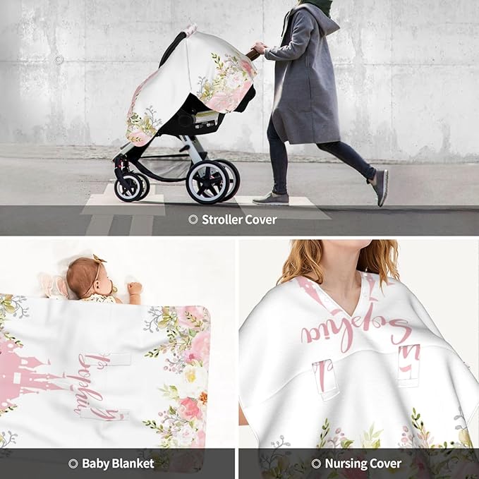Personalized Baby Car Seat Canopy for Babies with Name, Custom Princess Castle Stroller Car Seat Covers for Girls, Minky Nursing Carseat Cover for Breastfeeding, Car Seat Canopies for Newborn