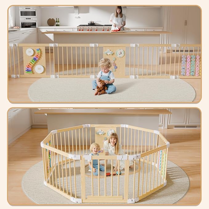 Baby Playpen - Adjustable Multi-Shape Wooden Play Yard, Portable Collapsible Activity Center with Baby Fence Play Area & Toys for Infants, Toddlers (57x85x24inch
