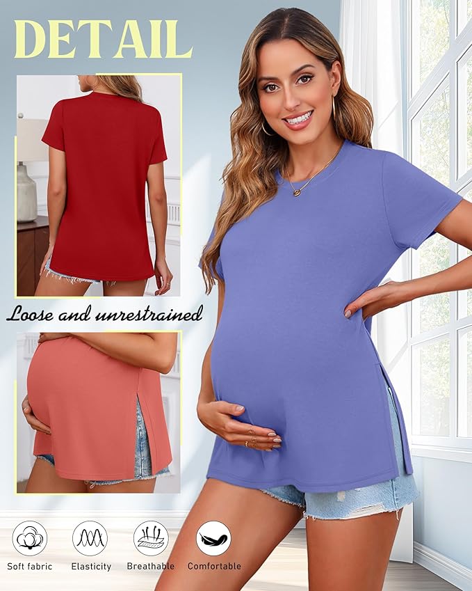 Ficerd 3 Pack Women's Maternity T Shirts, Short Sleeve Side Split Pregnancy Tops Casual Crew Neck Pregnant Tees Mama Clothes