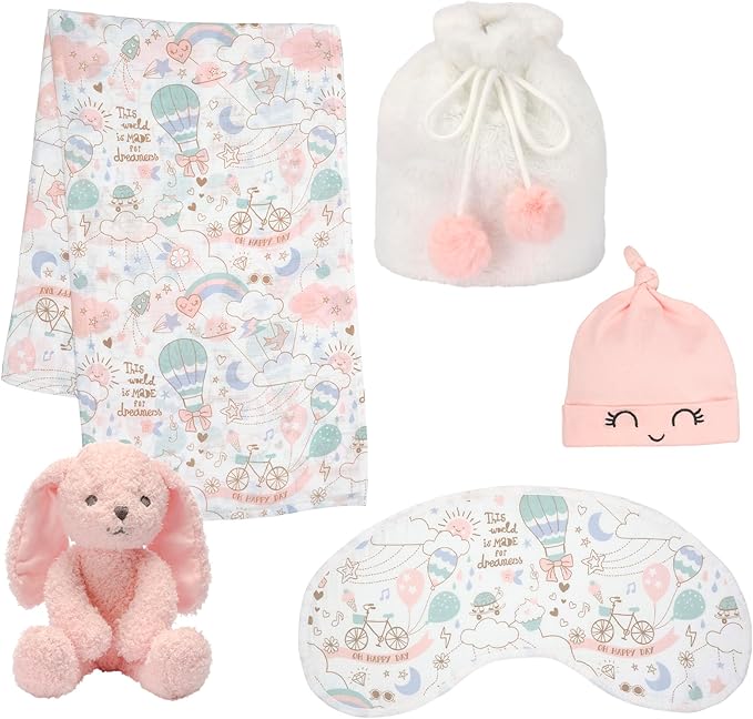 Lambs & Ivy 5 Piece Pink/White Bunny Infant/Newborn Baby Gift Set w/Swaddle