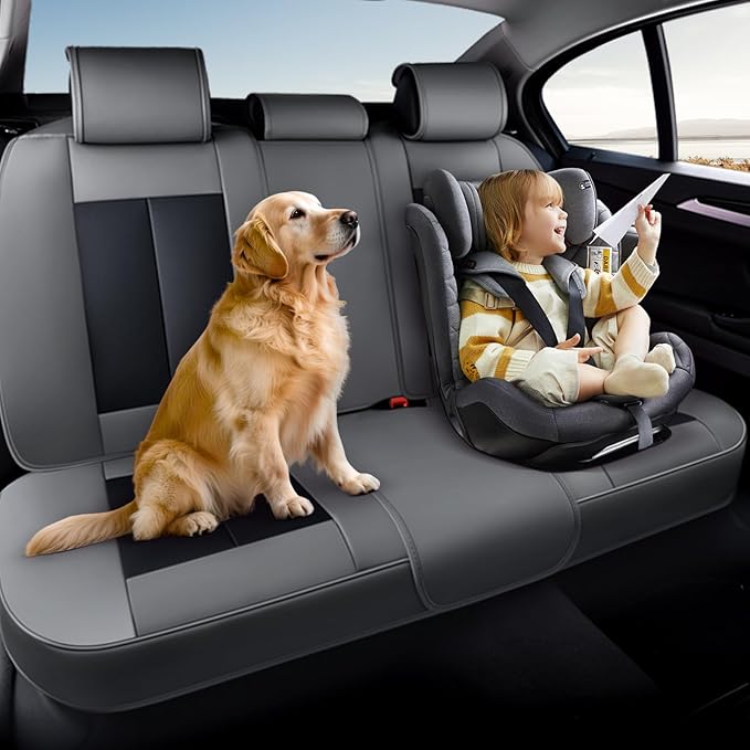 Coverado Rear Bench Car Seat Covers, Car Rear Seat Covers, Nappa Leather Back Seat Cover, Automotive Seat Covers Seat Cushion Cover Universal Fit for Most Cars Sedan SUV Pickup Truck, Black&Gray