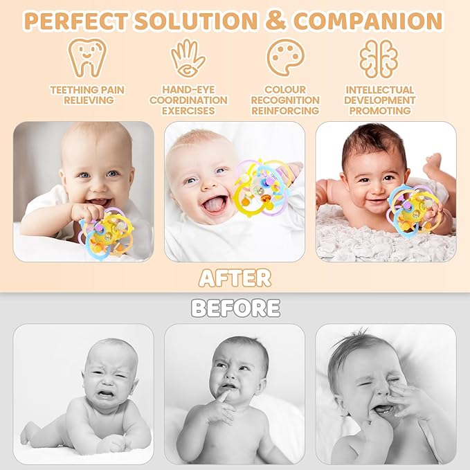 Baby Sensory Teething Toys, Baby Montessori Teether Toys for 0 3 6 9 12 18 Months, Silicone Tummy Time Toy with Rattle Ball for Newborn Infant, Learning Delopmental Gift for Boys Girls, Yellow